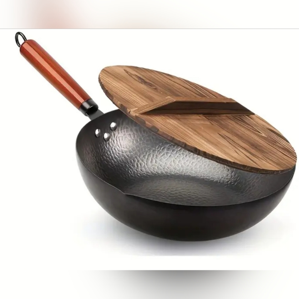 Wooden Handle Black Wok with Lid - No Drain Rack